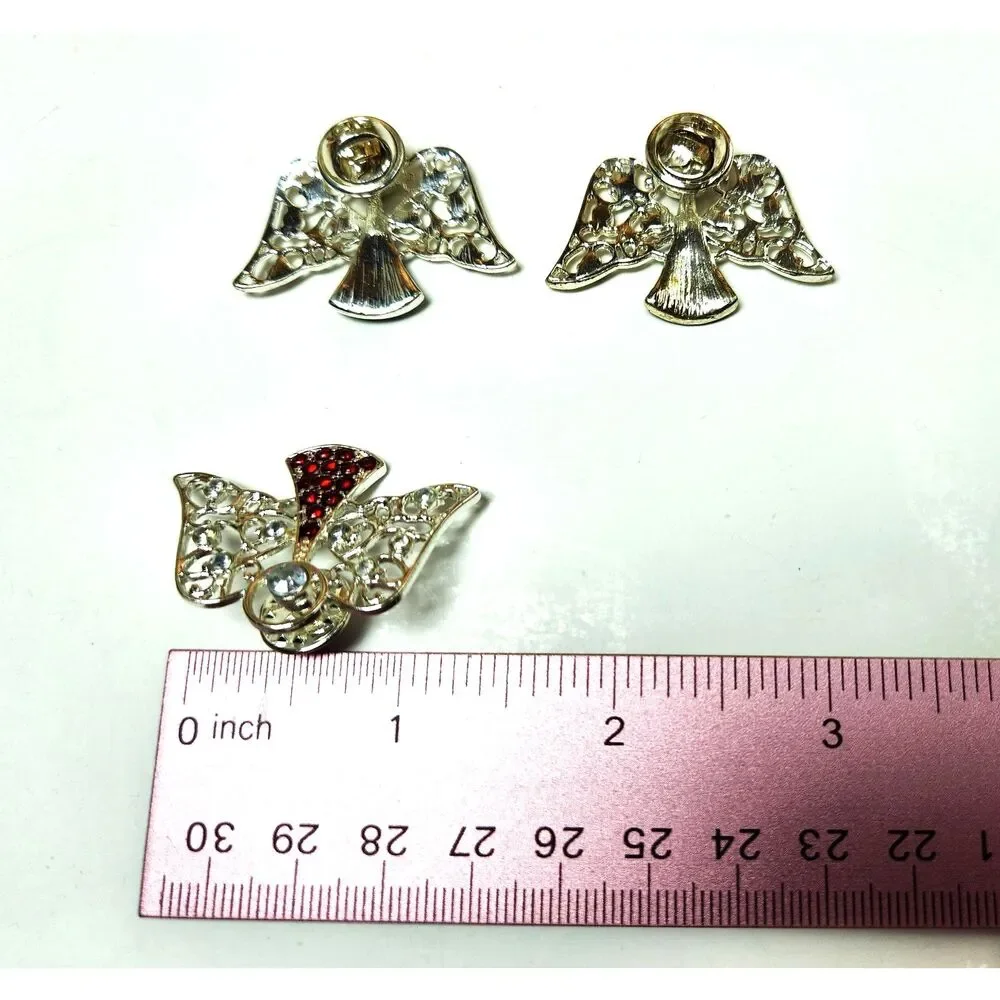 Rhinestone Angel Tac Pins 3 Silver Tone with Red, Blue & Green Crystals